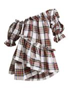 Isa Arfen Decadence Off-the-shoulder Silk Plaid Top