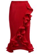 Matchesfashion.com Romance Was Born - Bloom Ruffled Pliss Midi Skirt - Womens - Dark Red