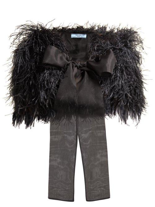 Matchesfashion.com Prada - Silk Organza Bow Ostrich Feather Stole - Womens - Black