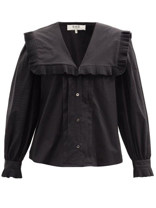 Matchesfashion.com Sea - Charlie Ruffled-collar Cotton-poplin Blouse - Womens - Black