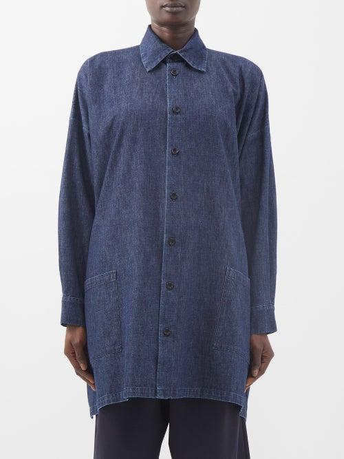 Eskandar - Oversized A-line Cotton-chambray Shirt - Womens - Dark Blue