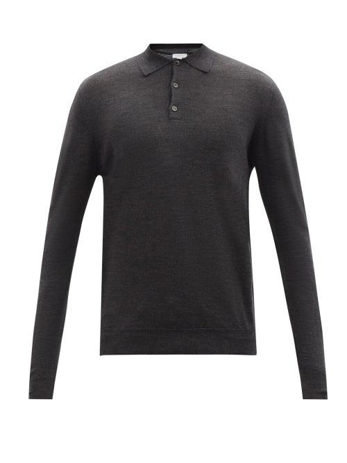 Sunspel - Merino-wool Long-sleeved Polo Shirt - Mens - Dark Grey
