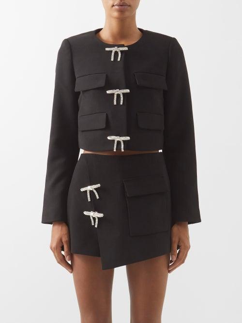 Self-portrait - Cropped Crystal Bow-embellished Crepe Jacket - Womens - Black