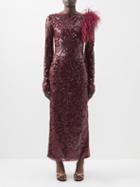 16arlington - Yola Feather-trim Sequinned Nylon Maxi Dress - Womens - Burgundy