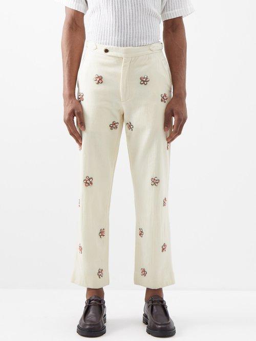 Bode - Dauber Floral-appliqu Wool Trousers - Mens - Ecru