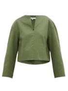 Matchesfashion.com Tibi - Harrison Slit-neck Cotton-twill Blouse - Womens - Green