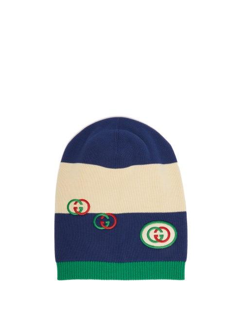 Matchesfashion.com Gucci - Stripe Intarsia Cotton Beanie Hat - Mens - Navy Multi