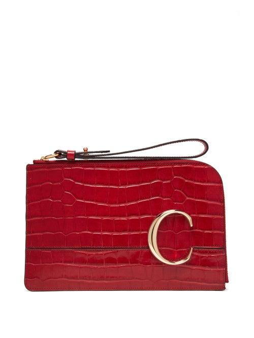 Matchesfashion.com Chlo - The C Crocodile Effect Leather Pouch - Womens - Red
