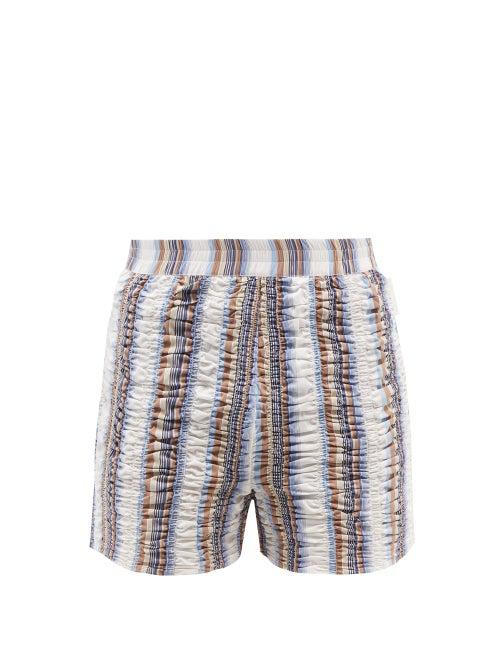 Bianca Saunders - Ruched Striped Cotton-blend Poplin Shorts - Mens - Cream Print