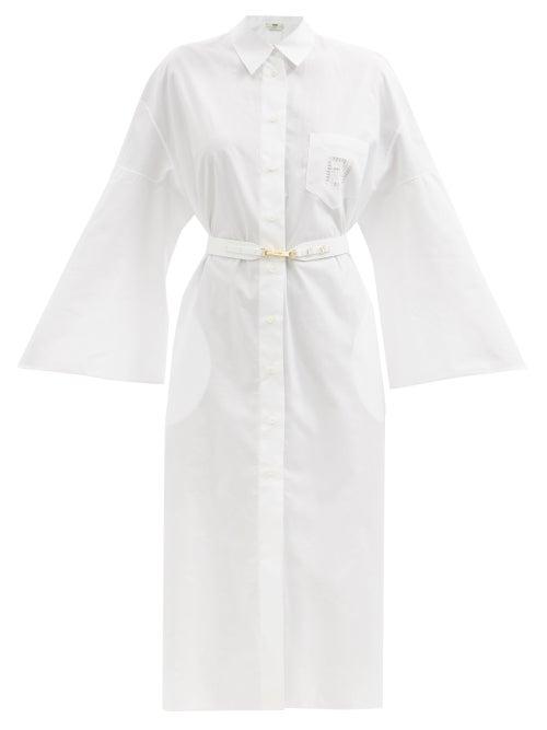 Ladies Rtw Fendi - Belted Flared-sleeve Cotton-poplin Shirt Dress - Womens - White