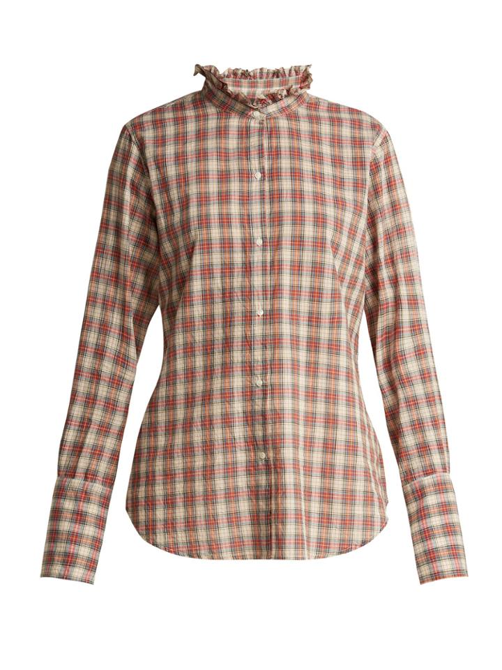 Nili Lotan Nola Ruffle-collar Plaid Cotton Shirt