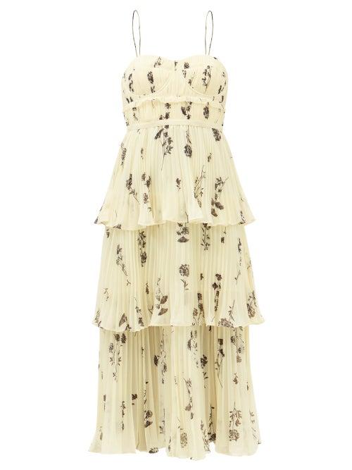 Self-portrait - Tiered Floral-print Chiffon Midi Dress - Womens - Light Yellow