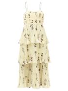 Self-portrait - Tiered Floral-print Chiffon Midi Dress - Womens - Light Yellow