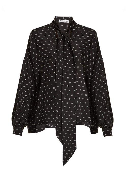 Matchesfashion.com Balenciaga - Bb Print Tie Neck Silk Blouse - Womens - Black Print