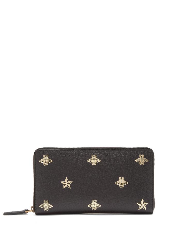 Gucci Bee-print Zip-around Leather Travel Wallet