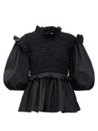 Matchesfashion.com Cecilie Bahnsen - Ruffled Smocked-bodice Cotton-poplin Blouse - Womens - Black