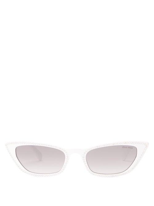 Matchesfashion.com Miu Miu - Crystal Embellished Rectangular Sunglasses - Womens - White