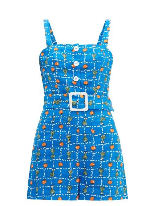 Matchesfashion.com Staud - Pomelo Crudits Print Linen Playsuit - Womens - Blue Multi