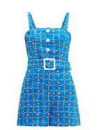 Matchesfashion.com Staud - Pomelo Crudits Print Linen Playsuit - Womens - Blue Multi