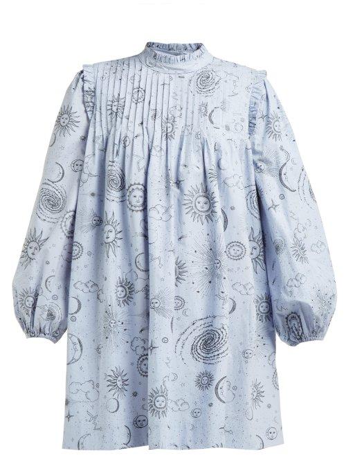 Matchesfashion.com Ganni - Over The Moon Print Poplin Mini Dress - Womens - Blue