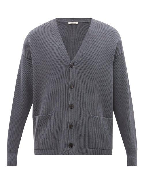 Auralee - Patch-pocket Ribbed Cotton Cardigan - Mens - Blue