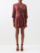 Zimmermann - Balloon-sleeve Silk-satin Wrap Mini Dress - Womens - Burgundy