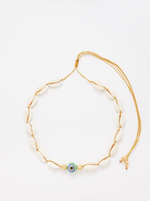 Tohum - Evil Eye Glass, Shell & 24kt Gold-plated Necklace - Womens - Green Multi