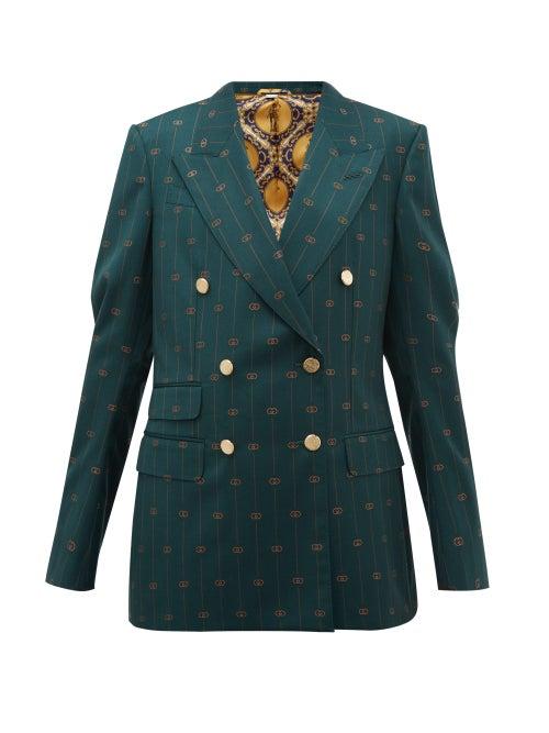 Matchesfashion.com Gucci - Gg Pinstripe Double Breasted Wool Twill Blazer - Womens - Green Multi