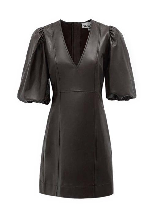 Matchesfashion.com Ganni - Balloon-sleeve Leather Mini Dress - Womens - Black