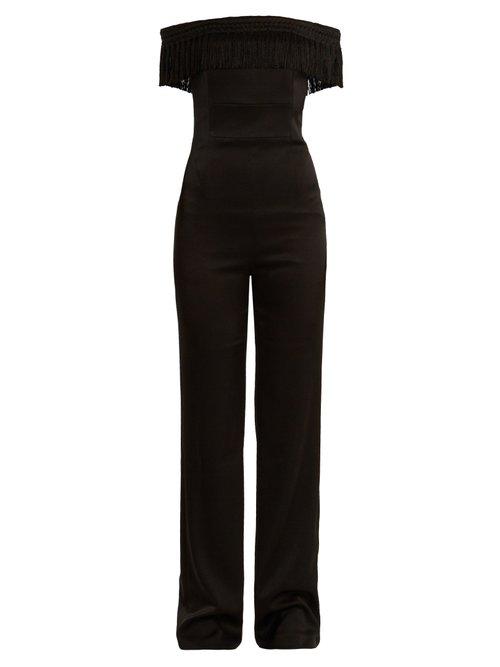Matchesfashion.com Galvan - Conquista Fringed Off The Shoulder Crepe Jumpsuit - Womens - Black