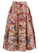 Matchesfashion.com Msgm - Jungle-print Flared Cotton-twill Midi Skirt - Womens - Beige Multi