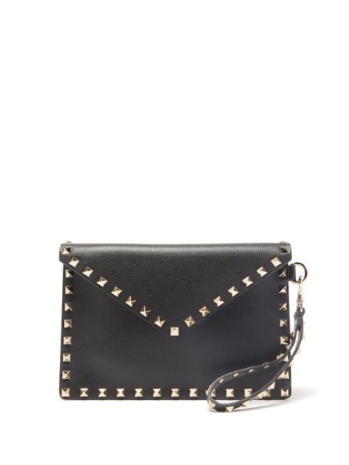 Ladies Bags Valentino Garavani - Rockstud Leather Envelope Pouch - Womens - Black