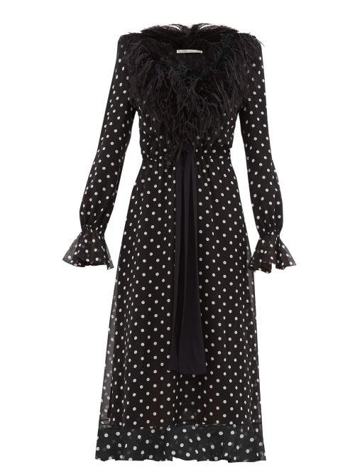 Matchesfashion.com Alessandra Rich - Marabou Trimmed Polka Dot Silk Midi Dress - Womens - Black White