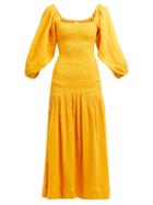 Matchesfashion.com Rhode - Harper Shirred Cotton Gauze Midi Dress - Womens - Yellow