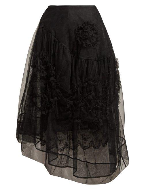 Matchesfashion.com Simone Rocha - Asymmetric Ruffled Rosette Tulle Skirt - Womens - Black