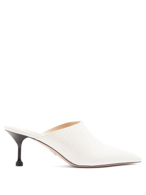 Matchesfashion.com Prada - High Cut Crocodile Embossed Leather Mules - Womens - White