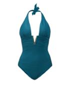 Matchesfashion.com Heidi Klein - Ubud V Bar Ribbed Swimsuit - Womens - Green