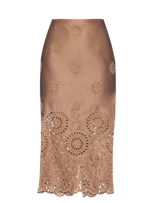 Rochas Broderie-anglaise Duchess-satin Pencil Skirt