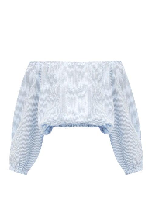 Matchesfashion.com Melissa Odabash - Dana Off-the-shoulder Striped Cotton Top - Womens - Light Blue