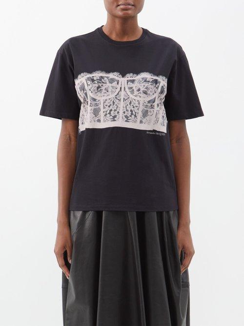 Alexander Mcqueen - Corset-print Cotton-jersey T-shirt - Womens - Black Pink