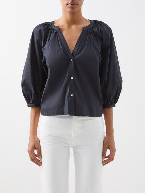 Staud - Dill Puff-sleeve Cotton-blend Poplin Blouse - Womens - Black
