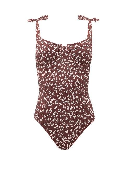 Matchesfashion.com Ganni - Bow-strap Floral-print Swimsuit - Womens - Brown Print