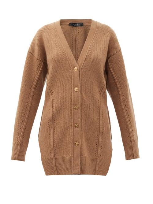 Ladies Rtw Versace - Side-slit Longline Wool-blend Cardigan - Womens - Camel