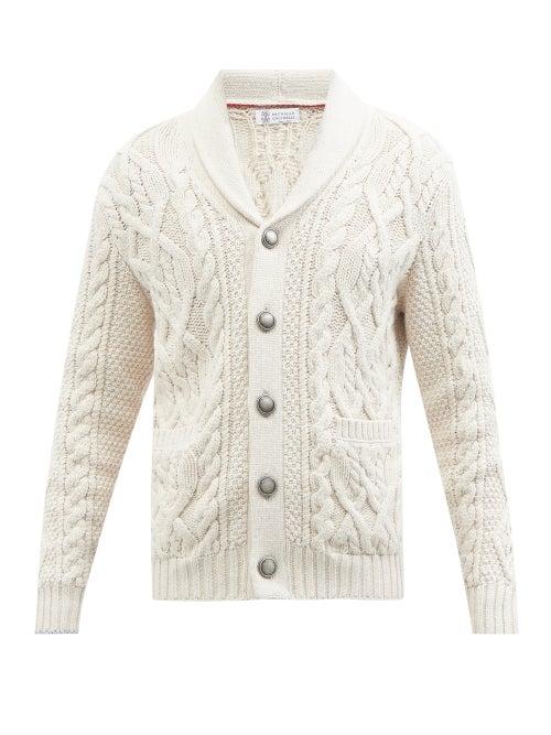 Brunello Cucinelli - Shawl-collar Cable-knit Cotton-blend Cardigan - Mens - Cream