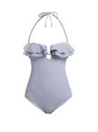 Matchesfashion.com Melissa Odabash - Corfu Striped Bandeau Swimsuit - Womens - Navy Print