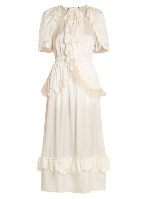 Matchesfashion.com Simone Rocha - Ruffle Trimmed Tie Waist Silk Dress - Womens - Ivory