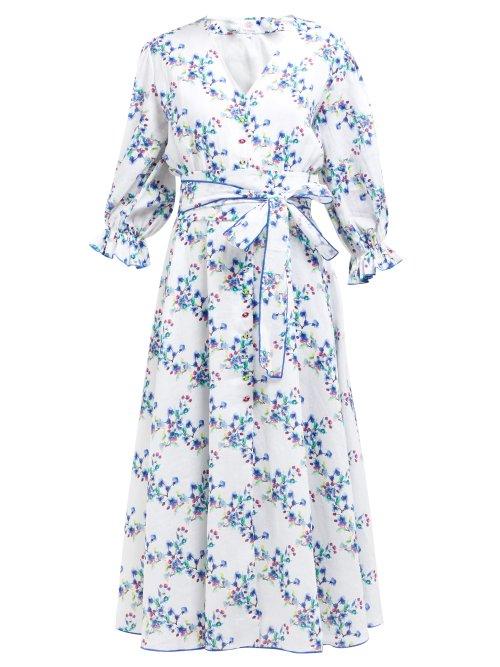Matchesfashion.com Gl Hrgel - Floral Print Linen Midi Dress - Womens - White Multi