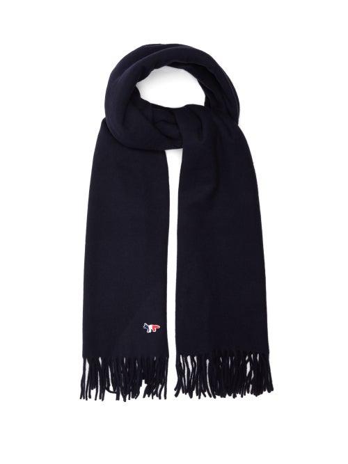 Matchesfashion.com Maison Kitsun - Tricolour-fox Fringed Wool Scarf - Mens - Dark Blue