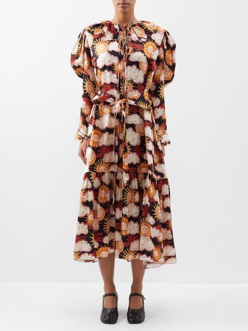 Horror Vacui - Elene Sun-print Silk-crepe De Chine Midi Dress - Womens - Black Multi