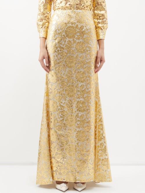 Valentino - Metallic Lace Fishtail Maxi Skirt - Womens - Gold